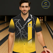 Load image into Gallery viewer, Personalized black &amp; yellow bowling button-up shirt lightning thunder custom bowling hawaiian shirt NQS11377
