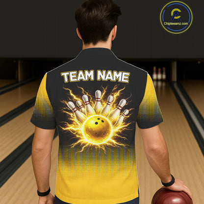 Personalized black & yellow bowling button-up shirt lightning thunder custom bowling hawaiian shirt NQS11377