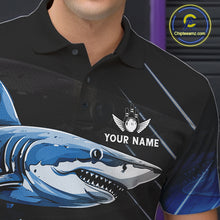 Load image into Gallery viewer, Black and blue shark bowling shirt for men custom lightning thunder bowling polo, quarter zip shirts NQS11378