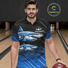 Load image into Gallery viewer, Black and blue shark bowling shirt for men custom lightning thunder bowling polo, quarter zip shirts NQS11378