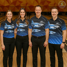Load image into Gallery viewer, Black and blue shark bowling shirt for men custom lightning thunder bowling polo, quarter zip shirts NQS11378