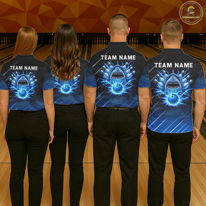 Black and blue shark bowling shirt for men custom lightning thunder bowling polo, quarter zip shirts NQS11378
