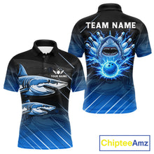 Load image into Gallery viewer, Black and blue shark bowling shirt for men custom lightning thunder bowling polo, quarter zip shirts NQS11378