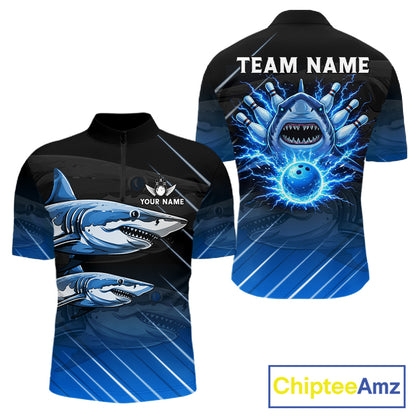 Black and blue shark bowling shirt for men custom lightning thunder bowling polo, quarter zip shirts NQS11378