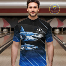 Load image into Gallery viewer, Black and blue shark bowling shirt for men custom lightning thunder bowling polo, quarter zip shirts NQS11378