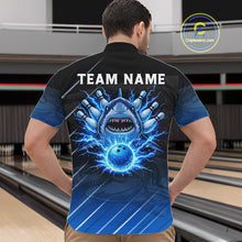 Load image into Gallery viewer, Black and blue shark bowling shirt for men custom lightning thunder bowling polo, quarter zip shirts NQS11378