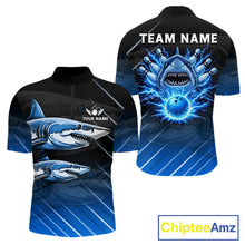 Load image into Gallery viewer, Black and blue shark bowling shirt for men custom lightning thunder bowling polo, quarter zip shirts NQS11378