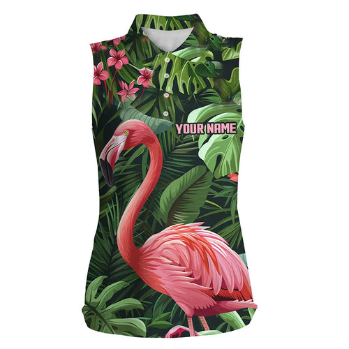 Pink Flamingo Green Tropical Pattern Womens Sleeveless Polo Shirt Custom golf attire for ladies NQS7743