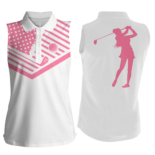 Women's sleeveless golf polo shirt pink American flag white golf shirt NQS3547