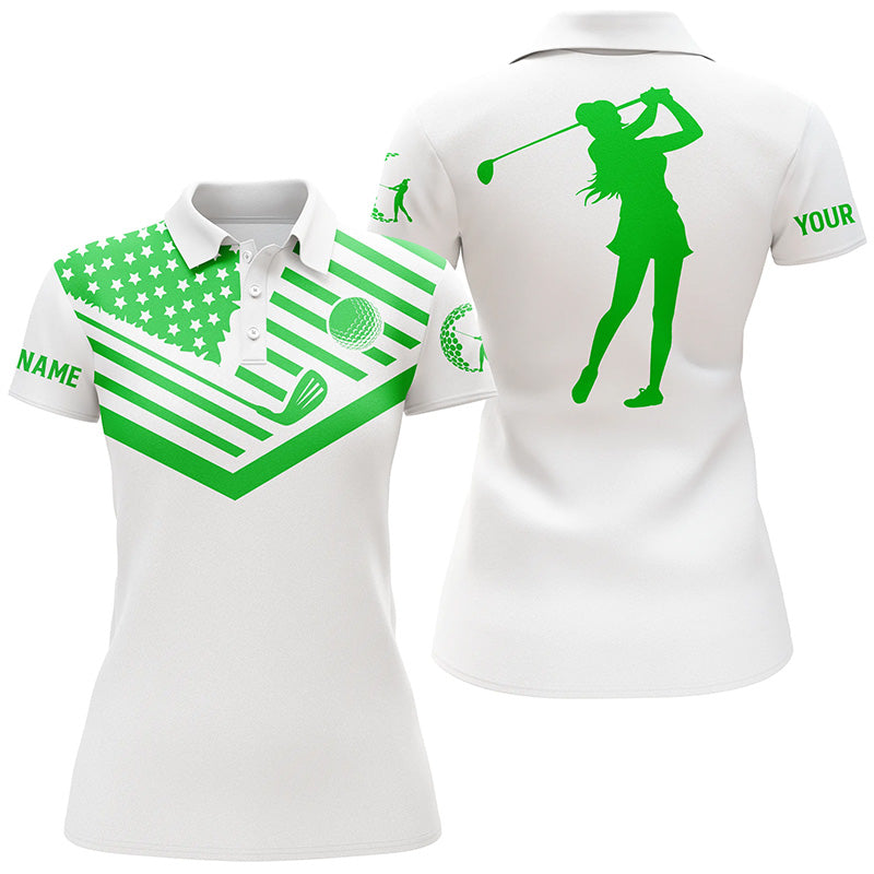 Womens golf polo shirt green American flag custom name white golf shirt NQS3548