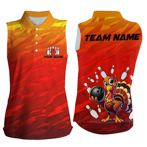 Custom Funny Turkey Bowling sleeveless polo Shirt, Orange Camo Thanksgiving Bowling Shirt Team Uniform NQS8631