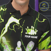 Load image into Gallery viewer, Green Thunder Lightning bowling ball and pins jerseys Custom Team Bowling Polo, 1/4 Zip Shirts For Men NQS9832