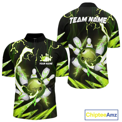 Green Thunder Lightning bowling ball and pins jerseys Custom Team Bowling Polo, 1/4 Zip Shirts For Men NQS9832
