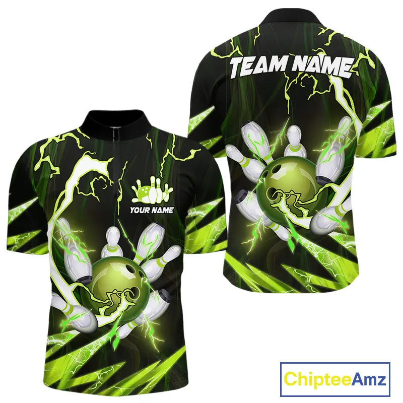 Green Thunder Lightning bowling ball and pins jerseys Custom Team Bowling Polo, 1/4 Zip Shirts For Men NQS9832