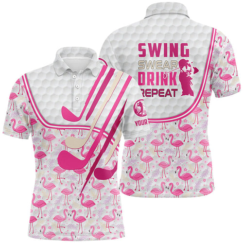 Personalized pink flamingo pattern golf clubs polo shirt for men custom swing, swear, drink, repeat NQS7757