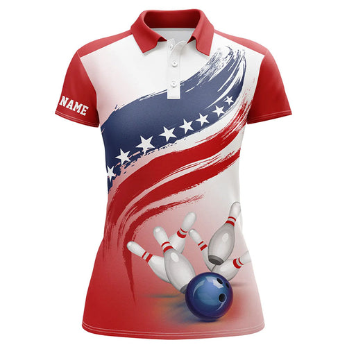 American flag Bowling ball and pins polo Shirt Women Bowling Jerseys Custom Bowling Team Shirts NQS6077