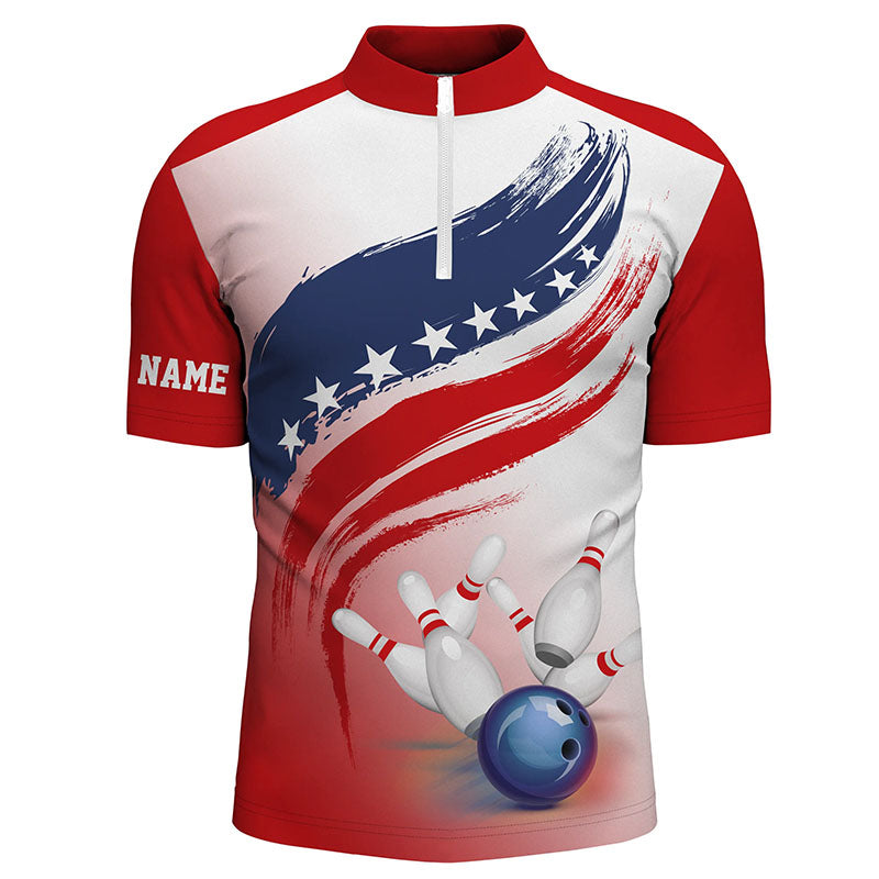 American flag Bowling ball and pins Men Quarter Zip Bowling Shirt Custom Bowling Team Jerseys NQS6077