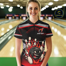 Load image into Gallery viewer, Black and Red Flame Funny Bowling Ball and Pins Bowling shirts for Women custom team bowling outfits NQS10985