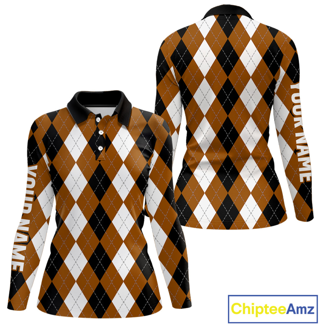 Women golf polo shirt custom brown argyle plaid pattern golf attire for ladies NQS9848