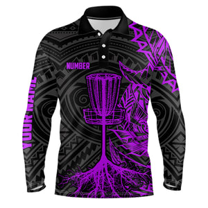 Purple tribal Mens disc golf polo shirt custom black disc golf basket jersey team mens disc golf shirt NQS7985