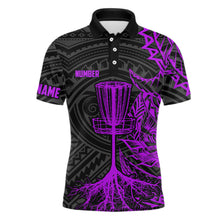 Load image into Gallery viewer, Purple tribal Mens disc golf polo shirt custom black disc golf basket jersey team mens disc golf shirt NQS7985