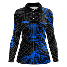Load image into Gallery viewer, Blue tribal Womens disc golf polo shirt custom black disc golf basket jerseys team ladies disc golf NQS7584