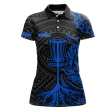 Load image into Gallery viewer, Blue tribal Womens disc golf polo shirt custom black disc golf basket jerseys team ladies disc golf NQS7584