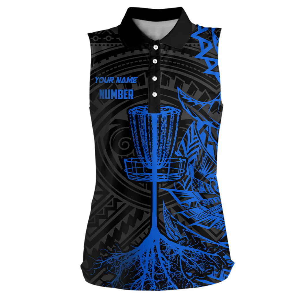Blue tribal Womens disc golf sleeveless polo shirt custom black team ladies disc golf basket jerseys NQS7584