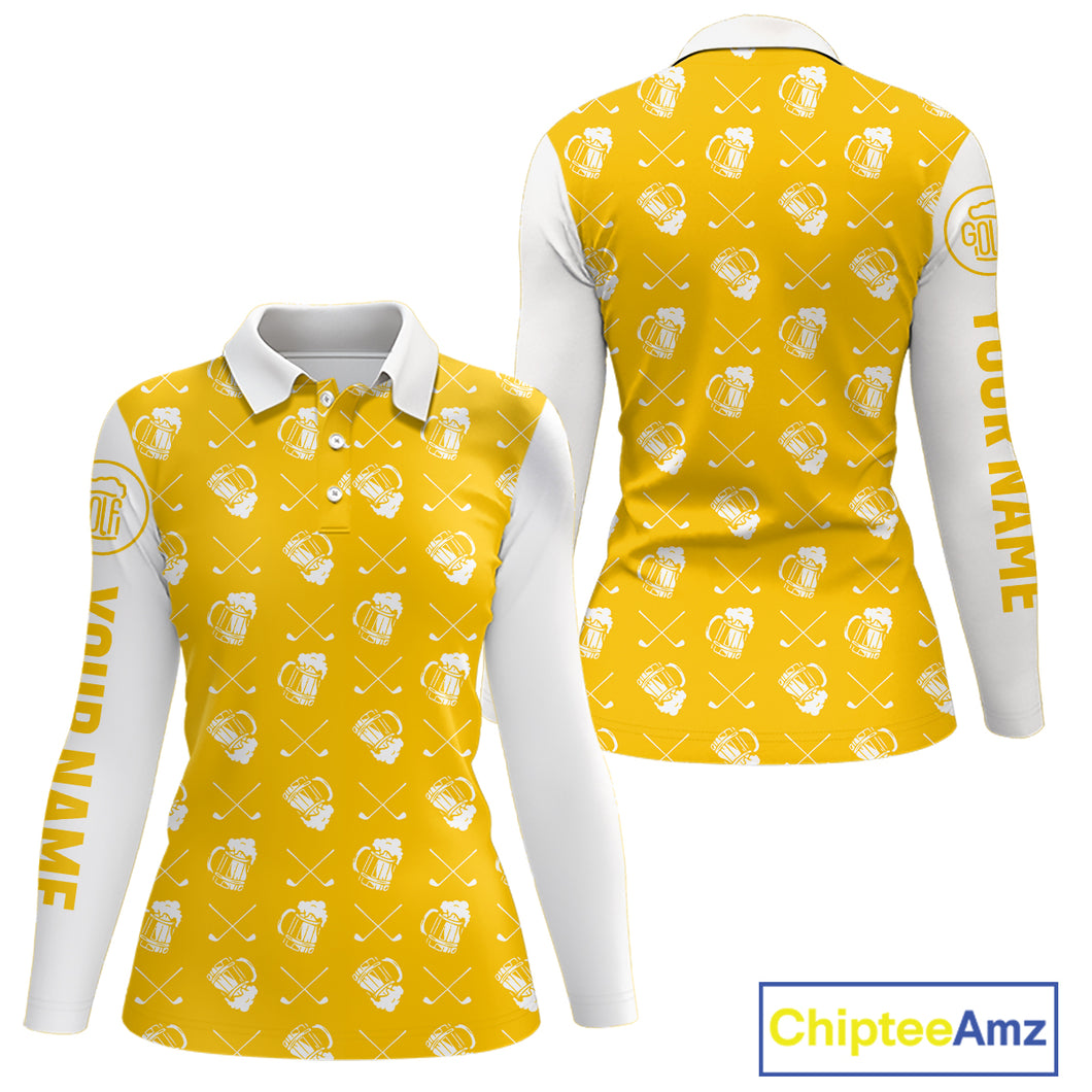 Yellow and white golf pattern Women Golf polo shirts custom name golf beer outfit ladies golf clothes NQS9855