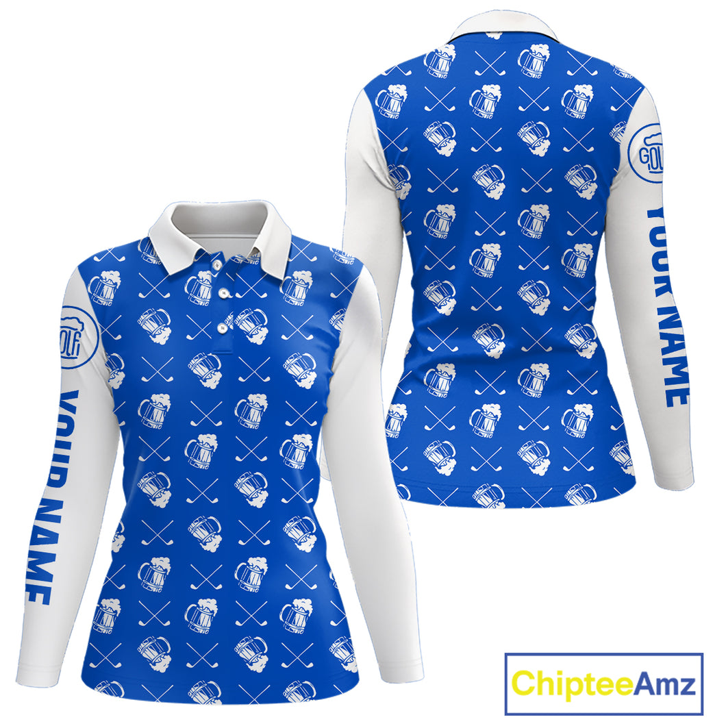 Blue and white golf pattern Women Golf polo shirts custom name golf beer outfit ladies golf clothes NQS9856