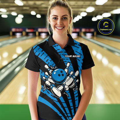 Custom Black and Blue camo Bowling Polo, Quarter Zip Shirt For Women Custom Team bowling jerseys NQS10608