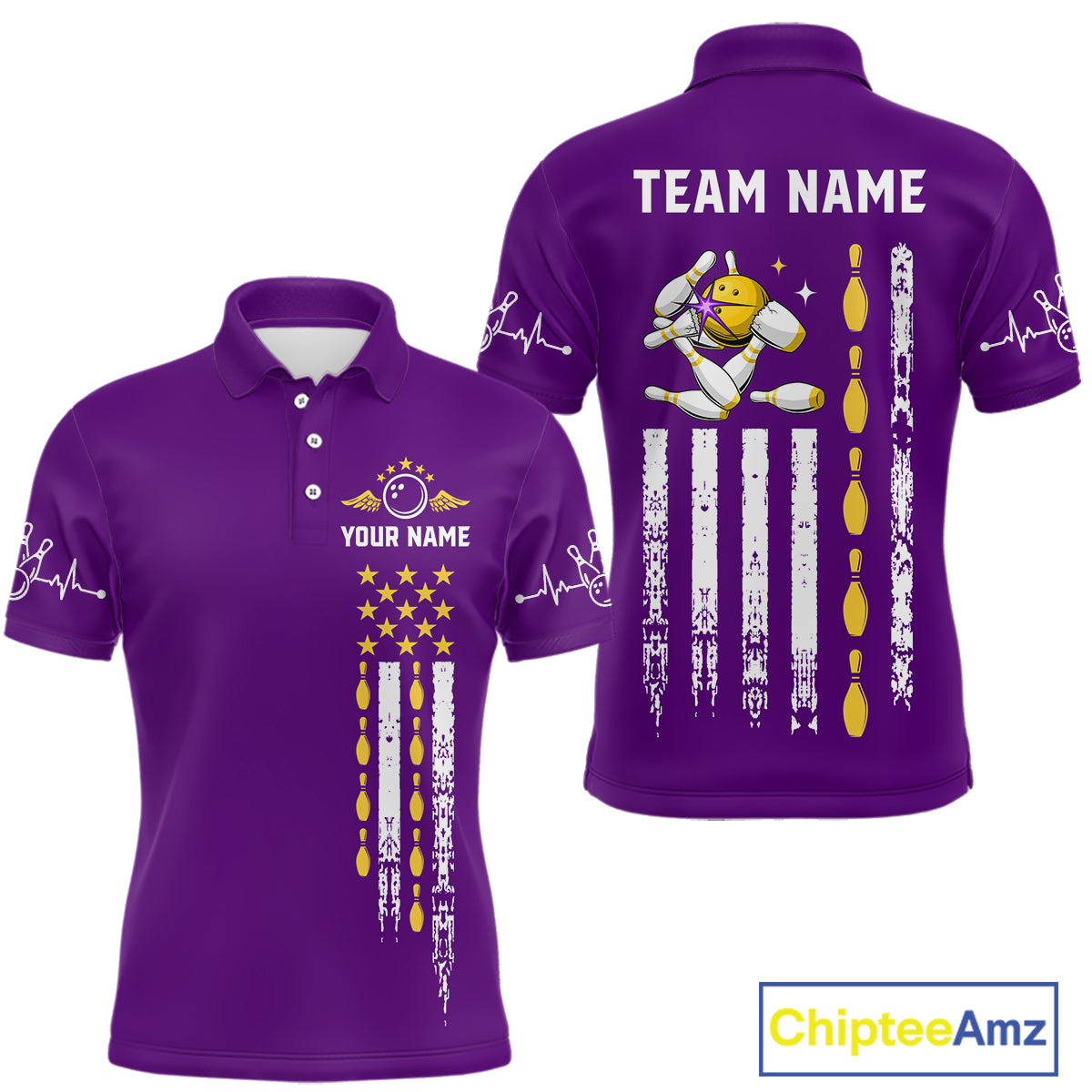 Yellow and Purple Retro American Flag Bowling Shirts For Men Custom Patriotic Bowling Team Jerseys NQS11213