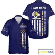 Load image into Gallery viewer, Yellow and Navy Blue Retro American Flag Bowling Hawaiian Shirt Custom Patriotic Bowling Team Jersey NQS11214