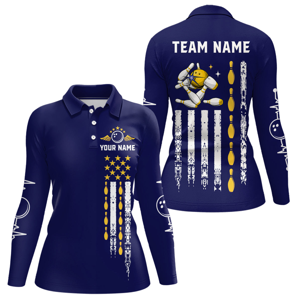 Yellow and Navy Blue Retro American Flag Bowling Shirt For Women Custom Patriotic Bowling Team Jersey NQS11214