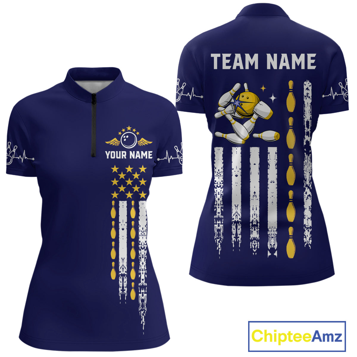 Yellow and Navy Blue Retro American Flag Bowling Shirt For Women Custom Patriotic Bowling Team Jersey NQS11214