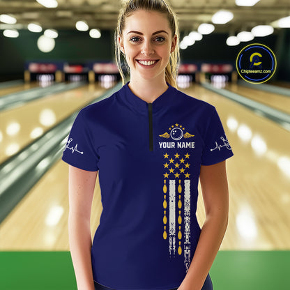 Yellow and Navy Blue Retro American Flag Bowling Shirt For Women Custom Patriotic Bowling Team Jersey NQS11214