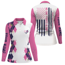 Load image into Gallery viewer, Pink argyle white Womens golf polo shirts custom no one fights alone US flag breast cancer awareness NQS6103