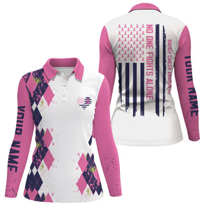 Pink argyle white Womens golf polo shirts custom no one fights alone US flag breast cancer awareness NQS6103