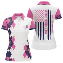 Load image into Gallery viewer, Pink argyle white Womens golf polo shirts custom no one fights alone US flag breast cancer awareness NQS6103