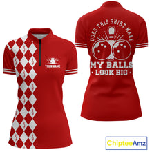 Load image into Gallery viewer, Funny red and white argyle retro Women Bowling Shirts Custom Does this shirt make my balls look big NQS10611