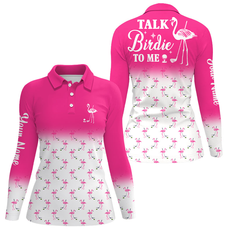 Funny Womens golf polo shirt custom pink and white flamingo golf shirts talk birdie to me NQS6118