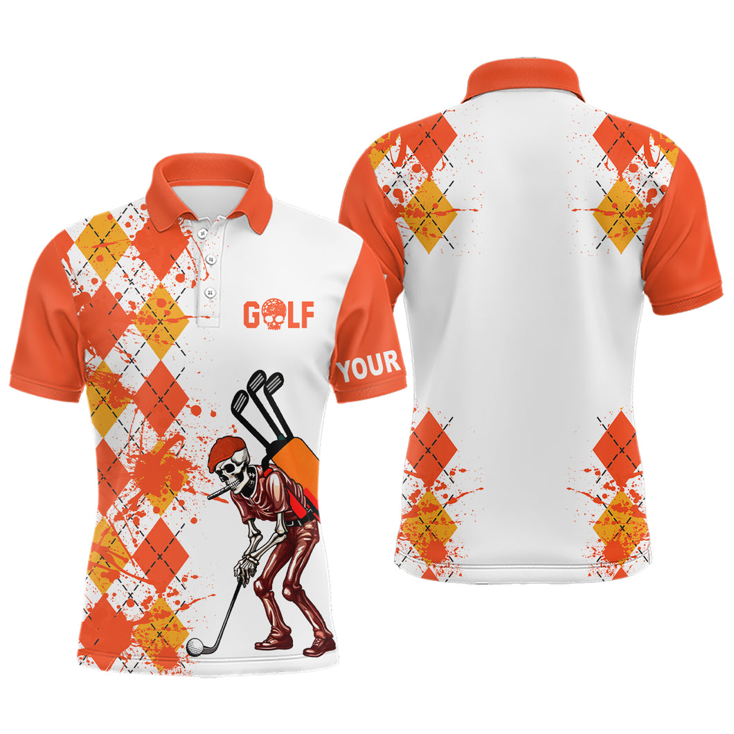 Men golf polo shirts argyle pattern custom skull golf outfit men, golf attire for mens | Orange NQS6561