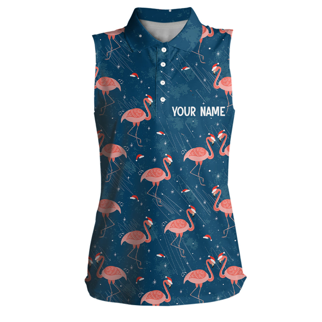 Pink Flamingo Christmas Blue Pattern Women sleeveless polo shirt custom Christmas gift for team golfer NQS8904