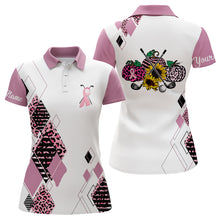 Load image into Gallery viewer, Pink argyle leopard pattern Womens golf polo shirts custom pink ribbon golf shirt for ladies NQS6134