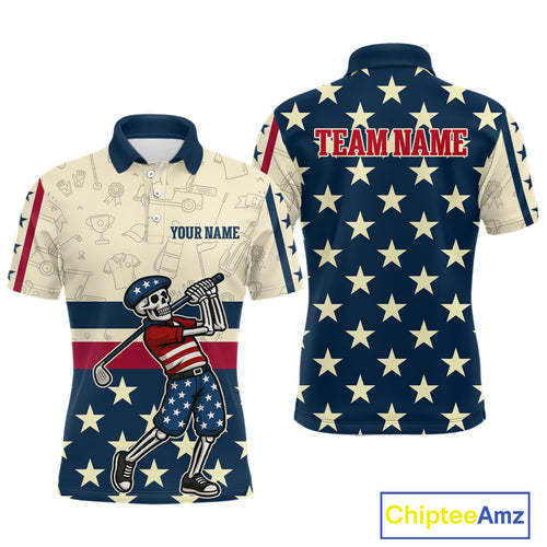 Funny Skull golfer vintage American Flag Custom patriotic golf polo shirts for men, golfing gifts NQS9964