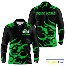 Load image into Gallery viewer, Black and Green Flame Bowling shirts for Men Custom team bowling jerseys, mens bowling apparel NQS10268
