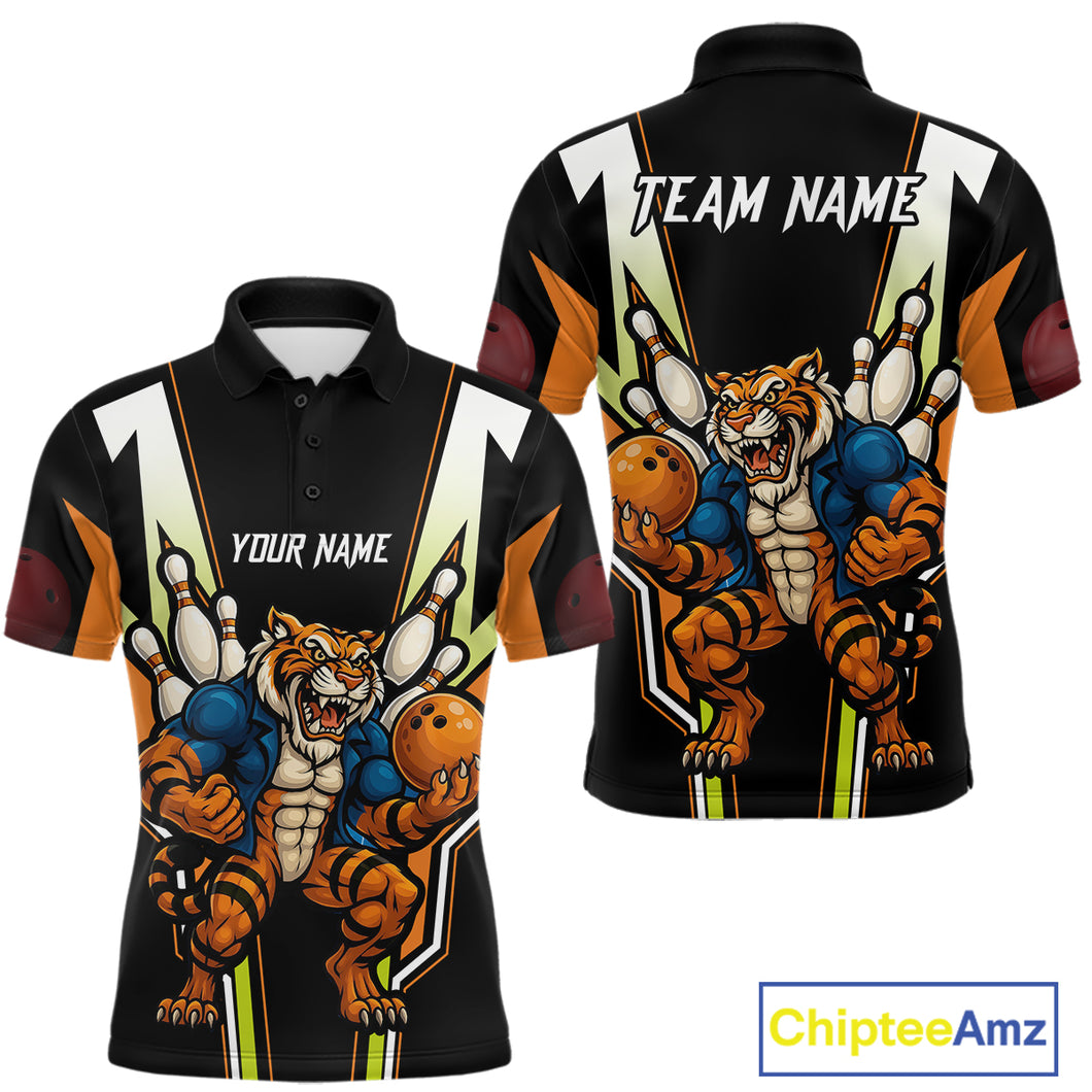Black and Orange Tiger Bowling Team Polo, Quarter Zip Shirts For Men Custom Tiger Bowling Jerseys NQS11063