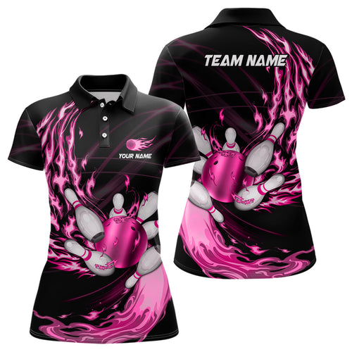 Black Womens bowling shirts Custom Pink flame Bowling ball and pins Team league bowler Jerseys NQS8483