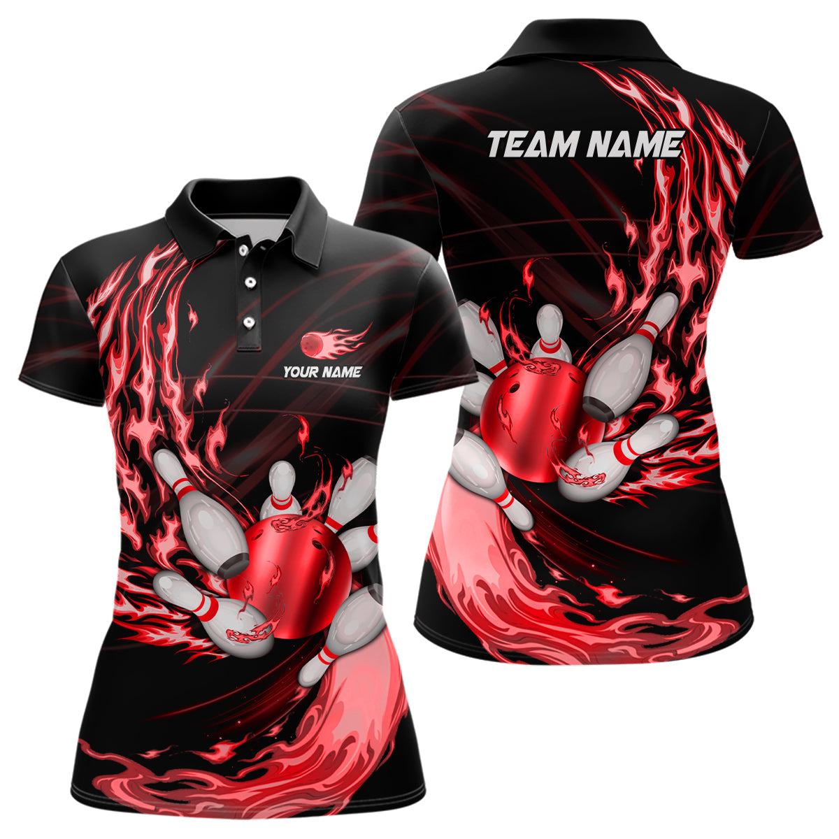 Black Womens bowling shirts Custom Red flame Bowling ball and pins Team league bowler Jerseys NQS8484