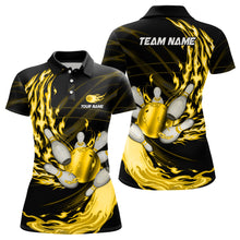 Load image into Gallery viewer, Black Womens bowling shirts Custom Yellow flame Bowling ball and pins Team league bowler Jerseys NQS8485